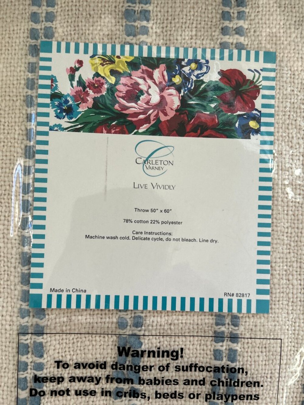 NWT Carleton Varney ~ Live Vividly Throw ~ 50" x 60" ~  Cream & Blue